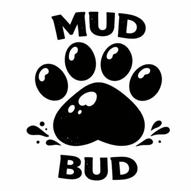 Mud Bud Clothing Mud Bud logo featuring a playful dog face with a paw print nose in black and white.